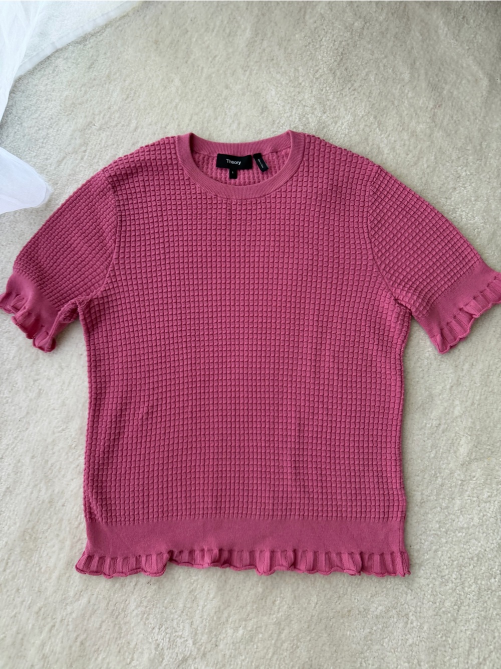 Theory Pink Waffle-Knit Short Ruffle Sleeve Top
